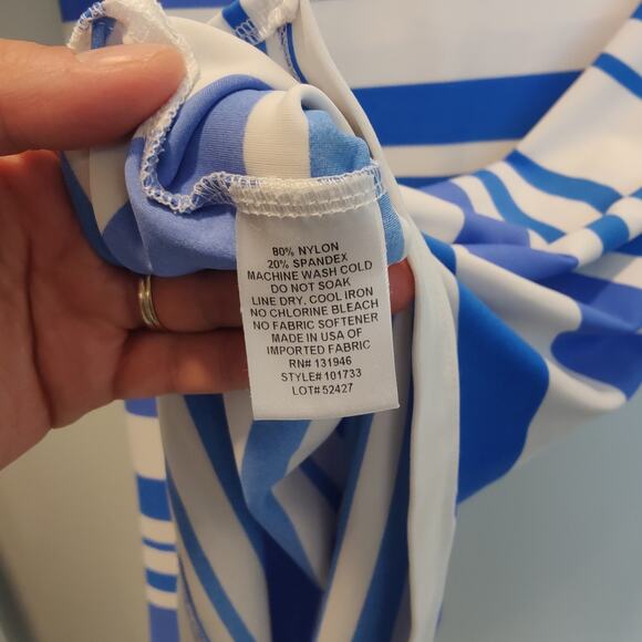 Jude Connally Sz M Blue White Stripe Ponte Stretch 1/2 Sleeve Shift Sheath Dress - Picture 4 of 5